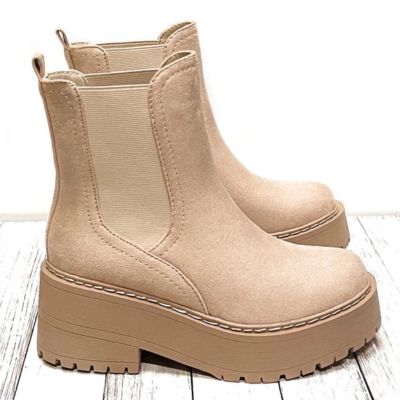 New Camel Chelsea Platform Block Heel Combat Ankle Boots Booties - Picture 1 of 4